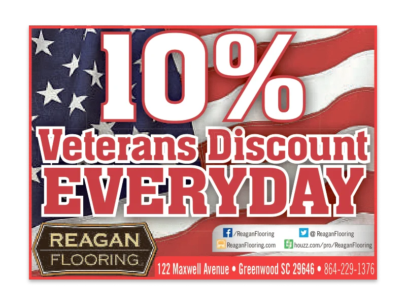 10% off Veterans discount every day at Reagan Flooring in Greenwood, SC